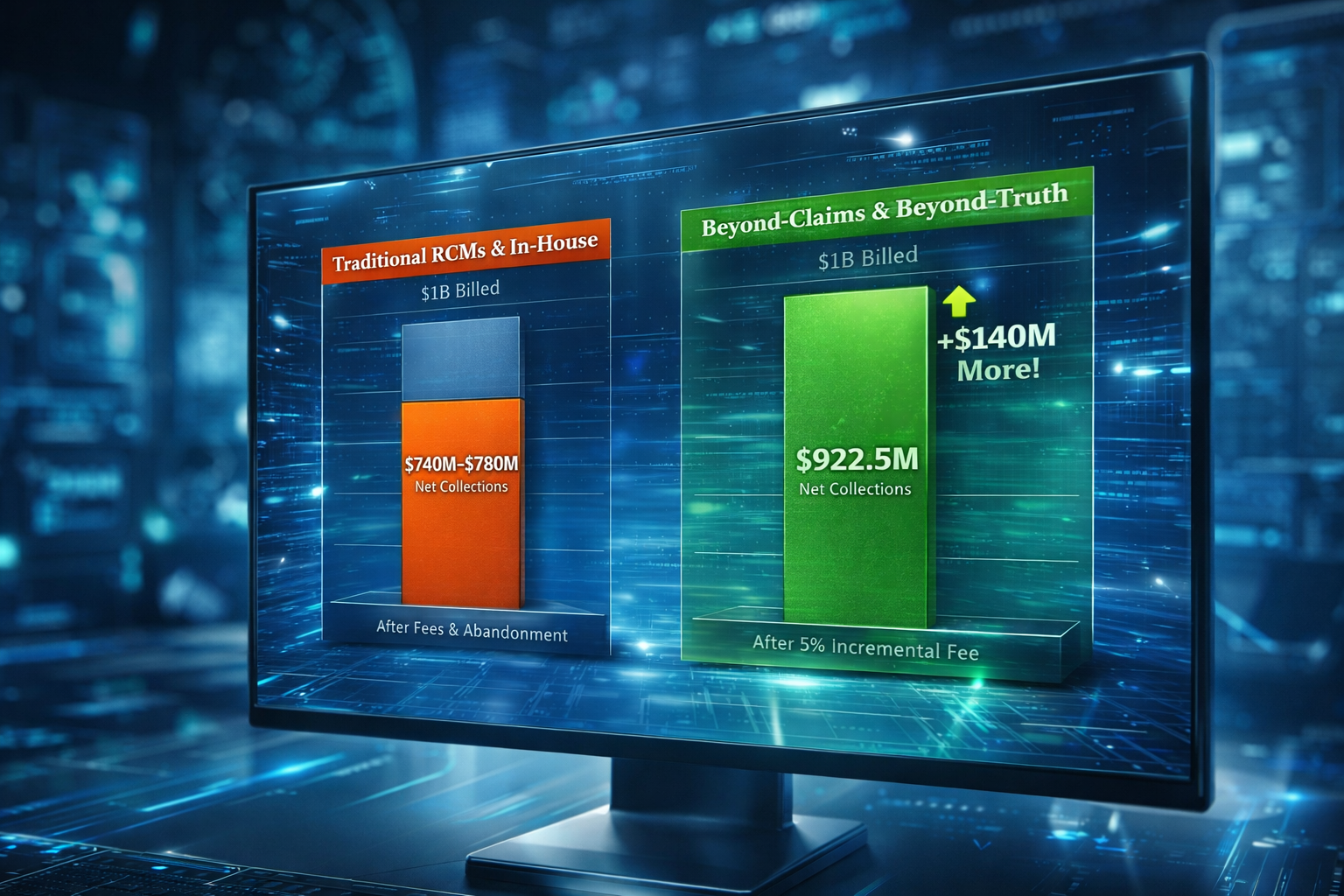 Future-state comparison of net hospital collections using traditional RCM versus Beyond-Claims and Beyond-Truth
